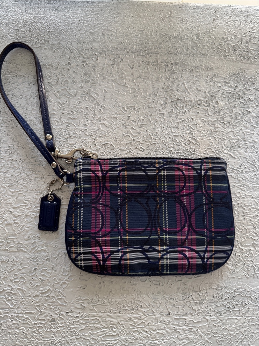 Coach Poppy Navy Plaid Wristlet with Glitter C